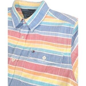 Tommy Hilfiger Button Front Shirt Youth L Pastel Rainbow Striped Short Sleeve
